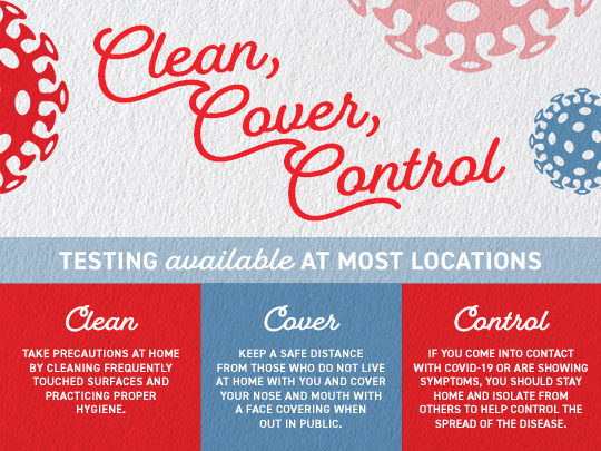 Prevent the spread of COVID-19 by cleaning your surroundings, covering your nose and mouth and social distancing when feeling ill or after being exposed to the disease.