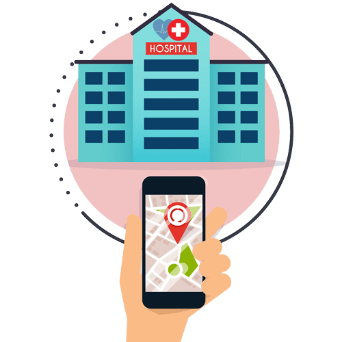 Hand holding mobile smart phone with application search hospital.
